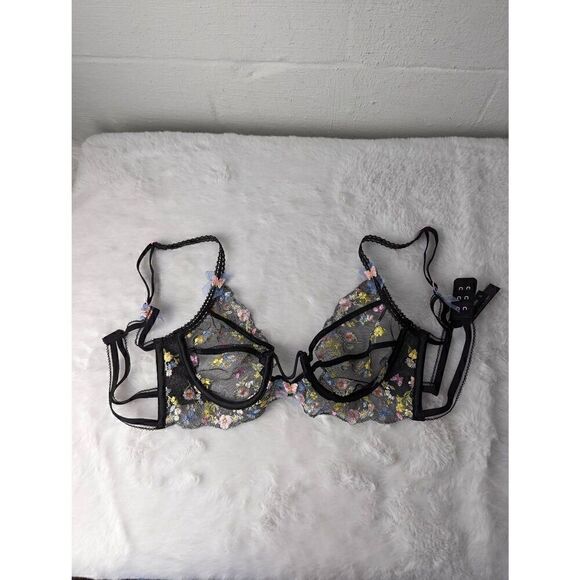 For Love & Lemons Elektra black, mesh floral unpadded bra size M Medium - Picture 1 of 13